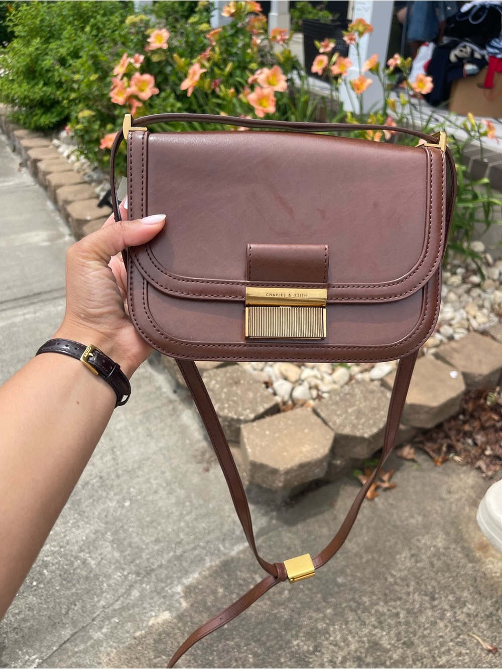 Charles & Keith Chocolate Brown Leather Saddle Bag with Gold Hardware